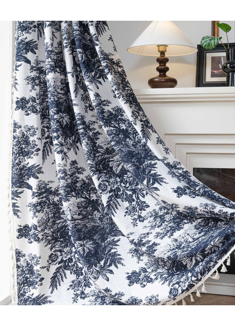Gray toile de Jouy style printed sheer curtain