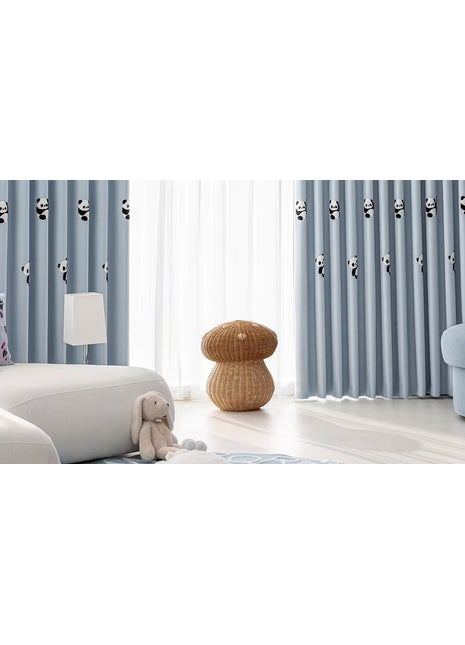 Children's curtain panda embroidered gray chessboard pattern