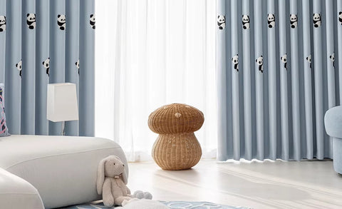 Children's curtain panda embroidered gray chessboard pattern