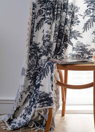 Gray toile de Jouy style printed sheer curtain