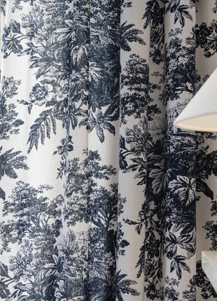 Gray toile de Jouy style printed sheer curtain
