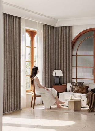 Thick beige chenille curtain with brown pattern