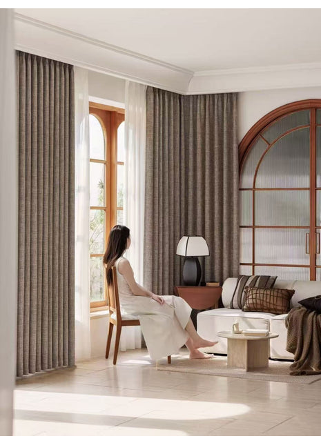 Thick beige chenille curtain with brown pattern