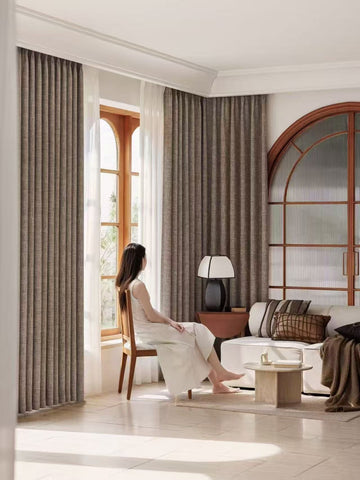 Thick beige chenille curtain with brown pattern