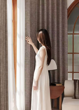 Thick beige chenille curtain with brown pattern