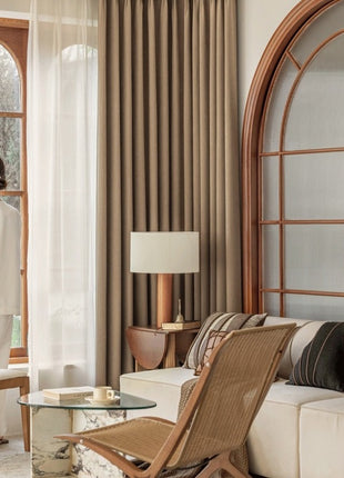 Blackout curtains in chevron textured fabric living room