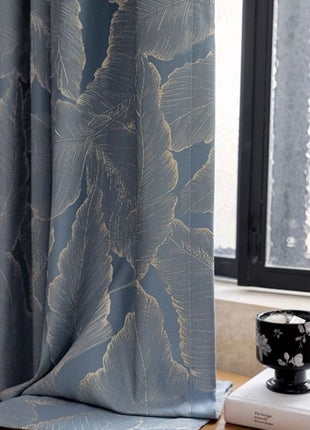 Blue curtain with golden wood pattern for living room