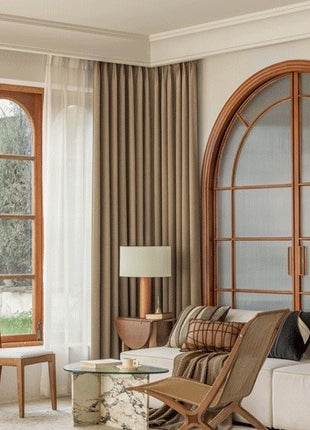Blackout curtains in chevron textured fabric living room
