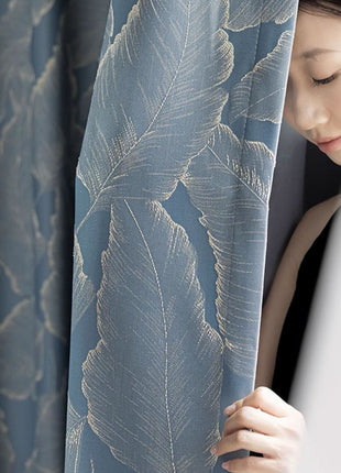 Blue curtain with golden wood pattern for living room
