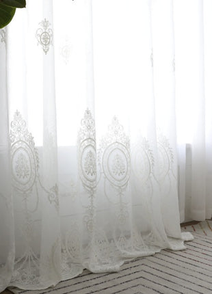 Romantic white embroidered floral medallion sheer curtain