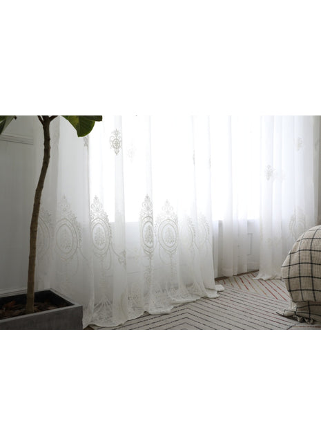 Romantic white embroidered floral medallion sheer curtain