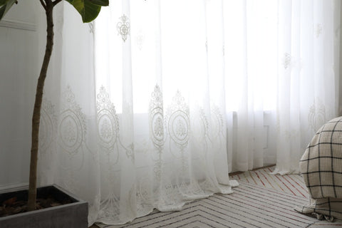 Romantic white embroidered floral medallion sheer curtain