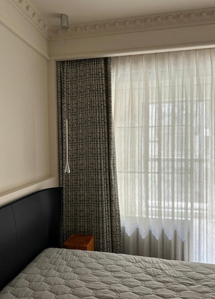 Black blackout curtain with silver patterns in modern baroque style
