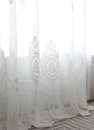 Romantic white embroidered floral medallion sheer curtain