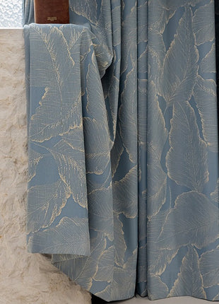 Blue curtain with golden wood pattern for living room