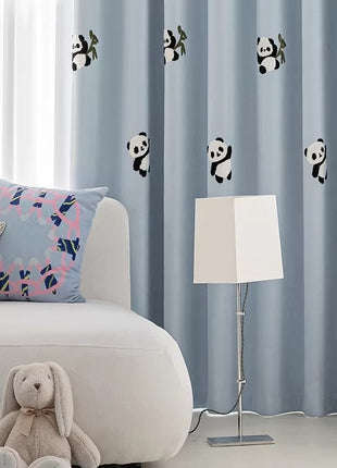 Children's curtain panda embroidered gray chessboard pattern