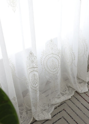 Romantic white embroidered floral medallion sheer curtain