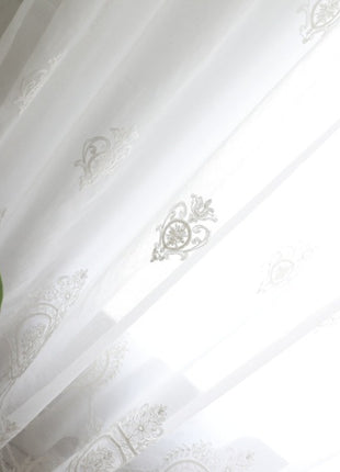 Romantic white embroidered floral medallion sheer curtain