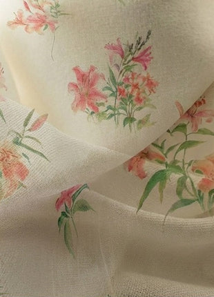 Pastel floral curtain on white background, chic country style