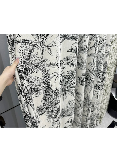 Wool curtain with black and white floral pattern