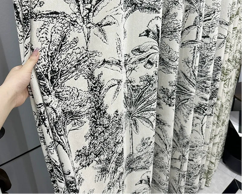Wool curtain with black and white floral pattern