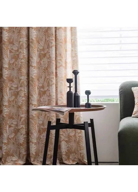 Yellow tropical curtain with chenille foliage pattern