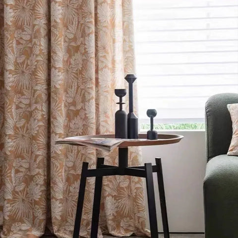 Yellow tropical curtain with chenille foliage pattern
