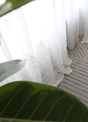 Romantic white embroidered floral medallion sheer curtain