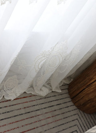 Romantic white embroidered floral medallion sheer curtain