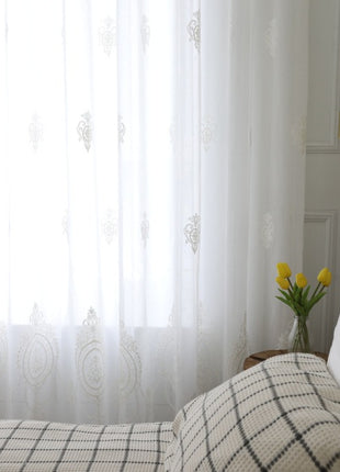 Romantic white embroidered floral medallion sheer curtain