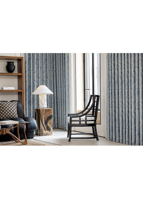 Blue curtain with golden wood pattern for living room