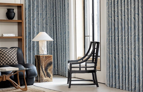 Blue curtain with golden wood pattern for living room