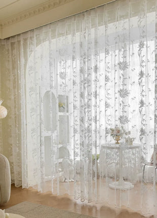 White veil embroidered beige flowers romantic style for bedroom