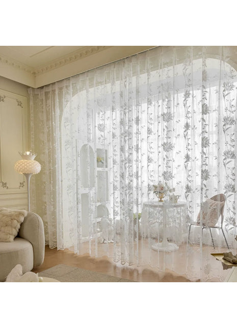 White veil embroidered beige flowers romantic style for bedroom