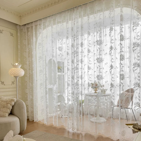 Romantic floral embroidered sheer curtain