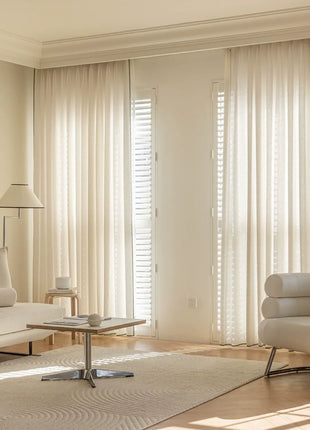 Beige corduroy curtain with geometric patterns