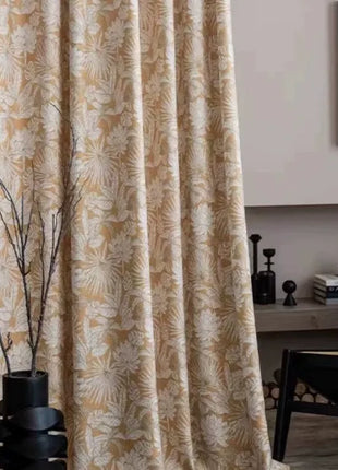 Yellow tropical curtain with chenille foliage pattern