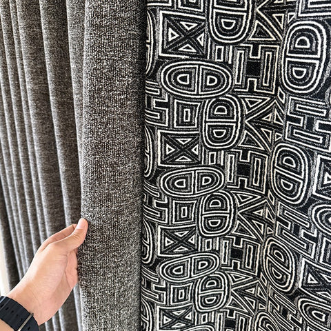 Bohemian curtain with black diamond pattern fringes