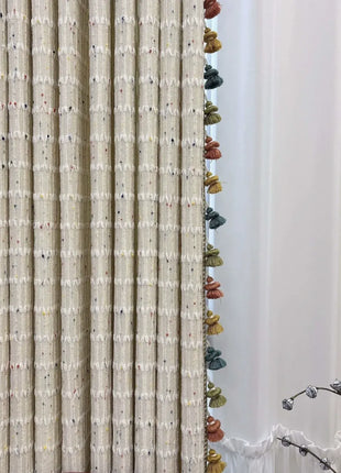 Bohemian blackout curtain with fringed tile pattern