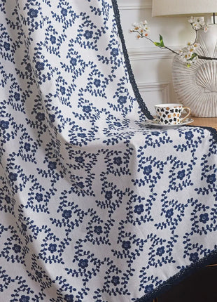 White Curtain Blue Flower Patterns