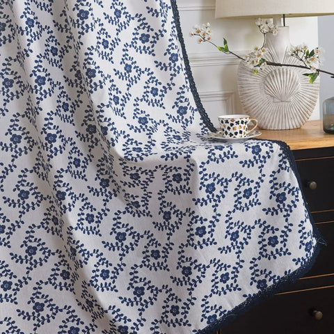 White Curtain Blue Flower Patterns