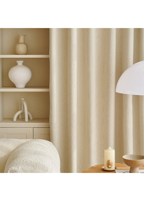 Rideau beige style lin texture naturelle tombé généreux décor scandinave minimaliste cosy chaleureux