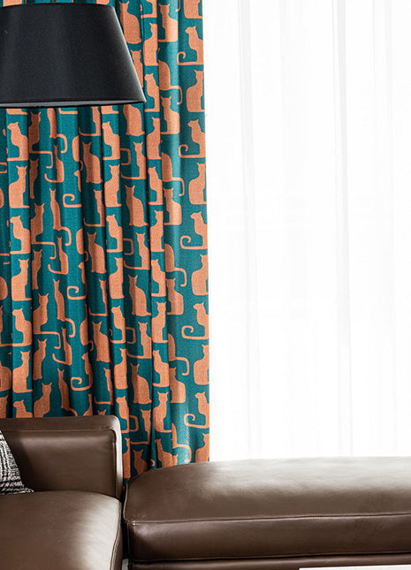 Rideau Bleu Motifs Chat Orange