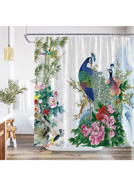 Rideau de douche tropical à motif de paons et fleurs roses sur fond blanc